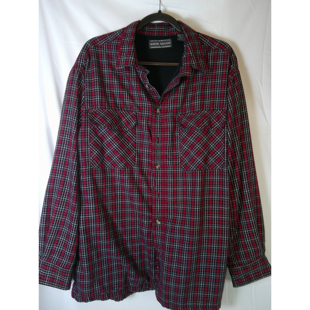 David Taylor Men's Red Plaid Flannel Thermal Lined Long Sleeve Button Up Shirt L